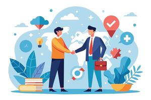 Two Businessmen Shaking Hands in Front of World Map Illustration vector