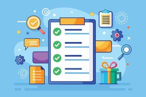 Completed Checklist With Checkmarks, Magnifying Glass, and Gift Box on Blue Background vector