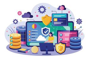 Woman Working on a Secure Cloud Network With Multiple Devices and Data Storage vector