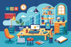 Modern Office Workspace With Desktop Computer, Laptop, and Plants vector