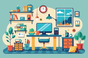 A Modern Home Office Workspace With Desk, Computer, and Plants vector