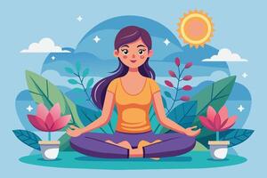 Woman Practicing Meditation in a Lush Garden Setting on a Sunny Day vector