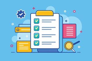 Checklist With Completed Tasks and Magnifying Glass for Inspection vector