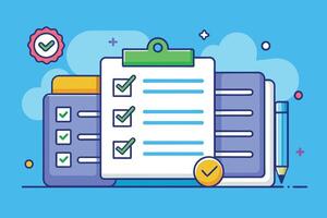 Illustrated Checklist With Completed Tasks and a Pencil on a Blue Background vector