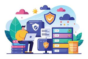 Secure Online Data Protection With Secure Server And User Working On Laptop vector