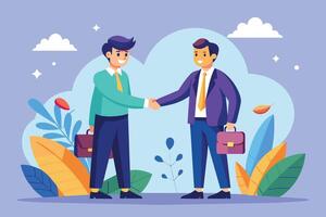 Two Businessmen Shaking Hands In Front Of A Blue Sky With Clouds And Green Foliage vector