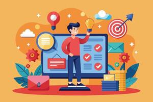 Successful Man Holding Light Bulb Near Computer Screen With Checklist vector