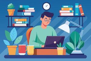 Man Working on Laptop at Desk With Books and Plants vector