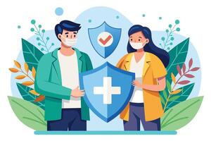 Man and Woman Wearing Masks Hold Protective Shield With Cross Symbol vector