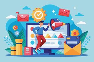 Man Using Digital Marketing Tools to Promote Business Online vector