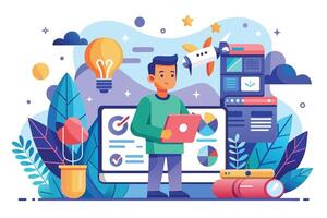Man Using Laptop With Data Analytics and Marketing Strategy Illustration vector