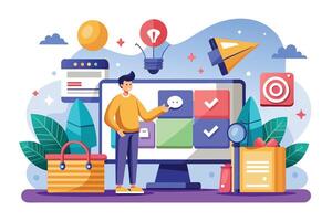 Man Working on Desktop Computer With Checkmarks, Ideas, and Marketing Elements vector