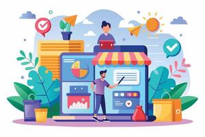 Man Using Laptop to Manage Online Store With Analytics and Data vector