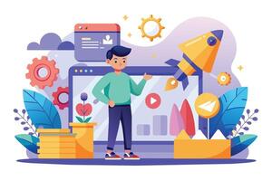 Man Standing In Front Of Computer With Rocket Launching From The Screen vector