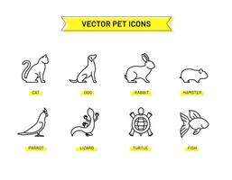 Set of pet and animal flat line icons for web, pet store, veterinary clinic. Contains such icons as cat, dog, rabbit, parrot and more vector