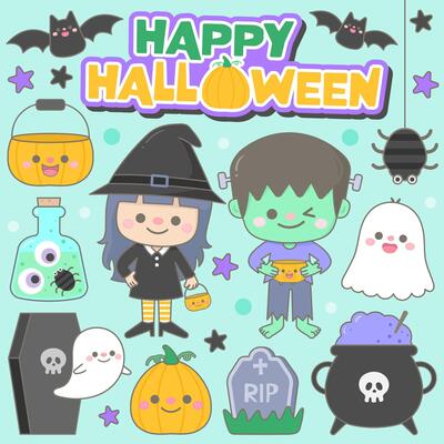 Kid hand drawn cute and colorful happy halloween elements