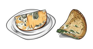 Slices of moldy bread being left on a plate and going to waste vector