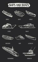 Hand drawn illustration set of different types of boats and ships vector