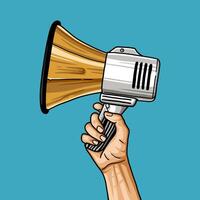 Hand drawn illustration of a hand holding a vintage megaphone protesting for change vector