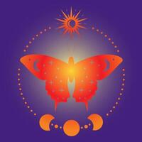 Esoteric Butterfly with Sun and Moon Symbolizing Nature and Harmony. Celestial Butterfly Wings Art. Mystical Boho Decor. Ethereal Butterfly Silhouette Illustration. illustration vector
