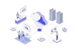 Cloud computing isometric concept in outline isometry design for web. People using online data storage platform, uploading files and computing with secure access to server. illustration. vector