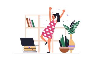 Self-development web concept with people scene in flat design. Young woman gaining her education at home, develops skills and starts business. illustration with character situation for web vector