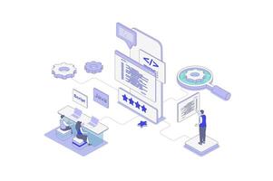 App development isometric concept in outline isometry design for web. People making mobile phone layouts, programming application interface with scripts, coding app and software. illustration. vector