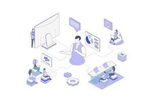 Business training isometric concept in outline isometry design for web. People listening success coach webinar with presentation, improving and developing professional skills. illustration. vector