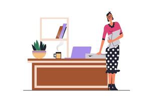 Business lady web concept with people scene in flat design. Woman entrepreneur working at her office with desk and laptop, doing company paperwork. illustration with character situation for web vector