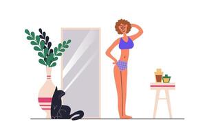 Body positive web concept with people scene in flat design. Beautiful slim woman in underwear posing and looking lovingly at herself in mirror. illustration with character situation for web vector