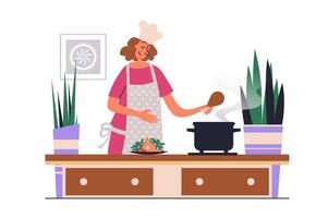 Cooking at home web concept with people scene in flat design. Woman in apron preparing homemade food in utensils according to recipes in kitchen. illustration with character situation for web vector