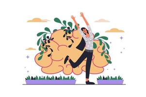 Mental health web concept with people scene in flat design. Happy woman supporting herself, thinks positively and calm, taking care of brain. illustration with character situation for web vector