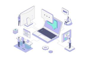 Customer support isometric concept in outline isometry design for web. People working in call center, operators answering in chat and consulting clients, solve technical problems. illustration. vector