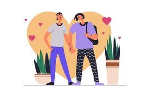 LGBT gay couple web concept with people scene in flat design. Men in romantic relationship hold hands and walking together, standing and flirting. illustration with character situation for web vector