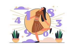 Numerology web concept with people scene in flat design. Woman counts important dates and numbers for predicts fate, making in esoteric mystery. illustration with character situation for web vector