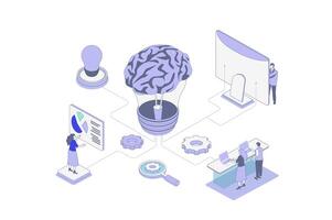 Brainstorming isometric concept in outline isometry design for web. People thinking and generating new ideas, searching success innovations, inspirations and creative solutions. illustration. vector