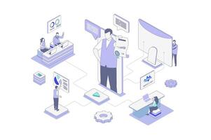 Coaching isometric concept in outline isometry design for web. People training with business coach at lecture for company employees, improves sales performance with trainer. illustration. vector