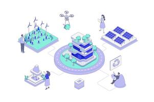 Green city isometric concept in outline isometry design for web. People monitoring and managing alternative energy sources and eco friendly infrastructure in smart city system. illustration. vector