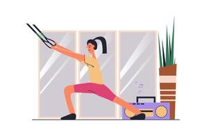 TRX training web concept with people scene in flat design. Woman doing total resistance exercise at gym, developing muscular strong and power. illustration with character situation for web vector