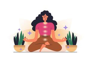 Chakras web concept with people scene in flat design. Woman sitting in lotus position, making meditation and opens energy points in her body. illustration with character situation for web vector