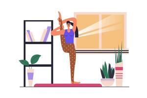 Yoga practice web concept with people scene in flat design. Flexibility woman standing in training position and improves body health at home. illustration with character situation for web vector