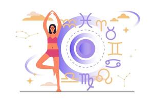 Astrology web concept with people scene in flat design. Woman making spiritual mystery, works with zodiac signs, predicts fate and reads horoscope. illustration with character situation for web vector