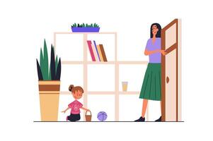 Nanny job web concept with people scene in flat design. Woman works as babysitter, taking care of little baby girl at home and playing toys. illustration with character situation for web vector