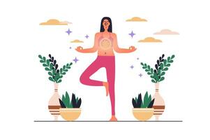 Spiritual development web concept with people scene in flat design. Woman standing in yoga position making meditation and breathing for awareness. illustration with character situation for web vector
