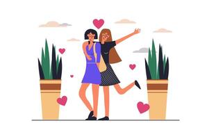 Lesbian couple web concept with people scene in flat design. Women in romantic relationship hugging and walking together, embracing and flirting. illustration with character situation for web vector