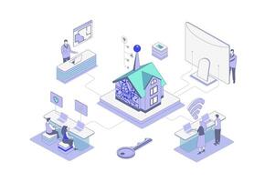 Smart home isometric concept in outline isometry design for web. People monitoring and controlling security systems, surveillance cameras, appliance and other sensors in house. illustration. vector
