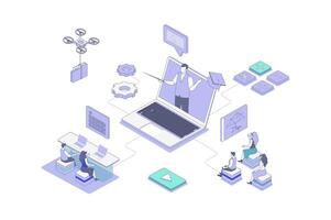 Online education isometric concept in outline isometry design for web. People studying at distant class, watching lectures, preparing to seminars, answering at digital test. illustration. vector