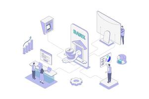 Mobile banking isometric concept in outline isometry design for web. People using online services, control financial account, increase savings, make transfer, getting cash in atm. illustration. vector
