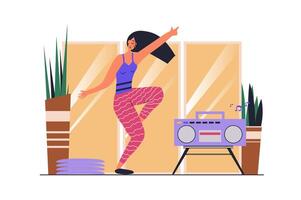 Dancing web concept with people scene in flat design. Woman training modern dance in studio class, moving and listening music at record player. illustration with character situation for web vector