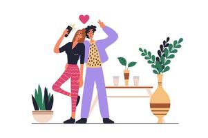 Couple at dating web concept with people scene in flat design. Woman and man in romantic relationship go in cafe and takes selfie photo together. illustration with character situation for web vector